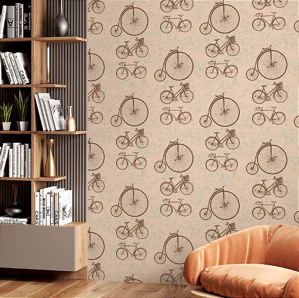 Papel de parede Autoadesivo Sala Bicicleta Vintage Bege Bike Marrom