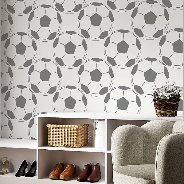 Papel de parede Autoadesivo Quarto Menino Bolas Futebol Cinza Branco