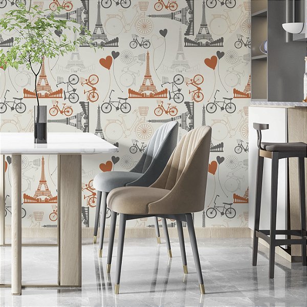 Papel de parede Autoadesivo Quarto Teen Paris Laranja Cinza Bicicleta Bege