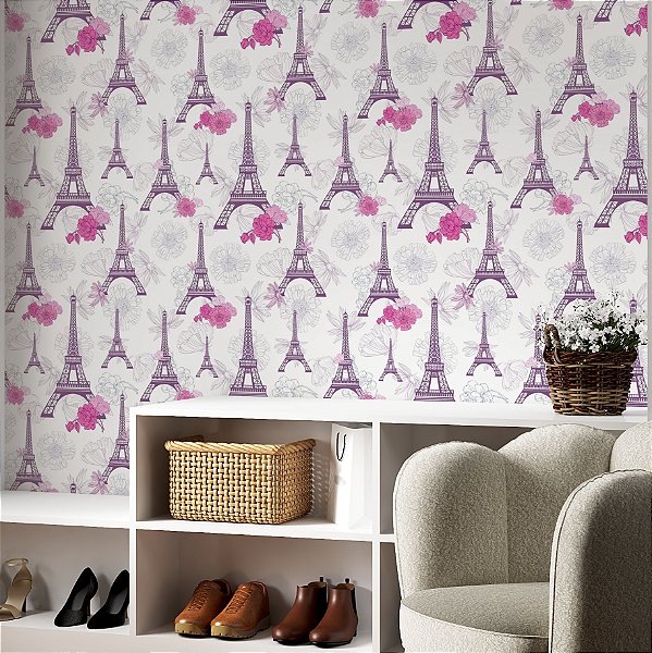 Papel de parede Autoadesivo Quarto Teen Paris Roxo Rosa Floral Flor