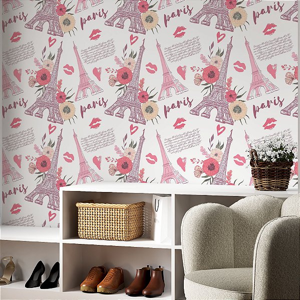 Papel de parede Autoadesivo Quarto Teen Paris Rosa Torre Eiffel Floral
