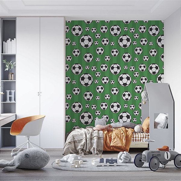 Papel de parede Autoadesivo Infantil Menino Bolas de Futebol Fundo verde