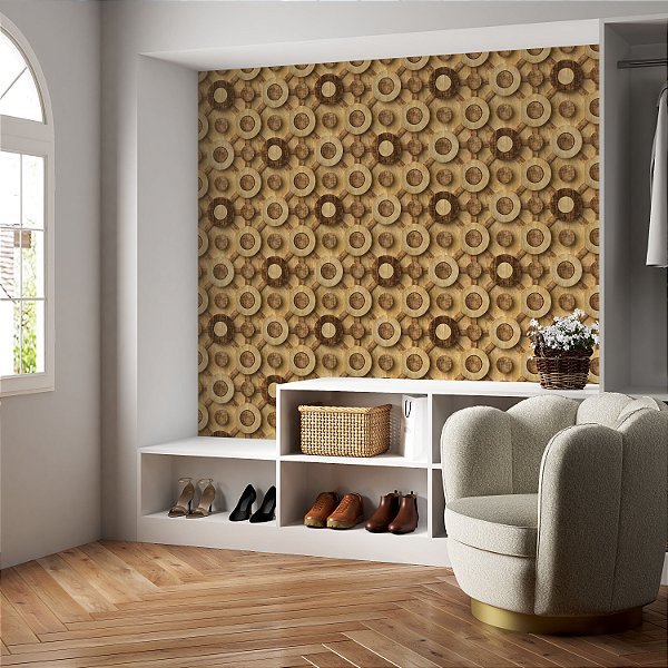 Papel de parede Autoadesivo Sala Circulos Madeira Bege Claro Marrom