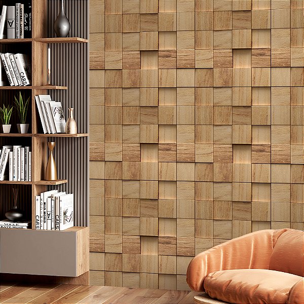 Papel de Parede Autoadesivo Quarto Cubos De Madeira