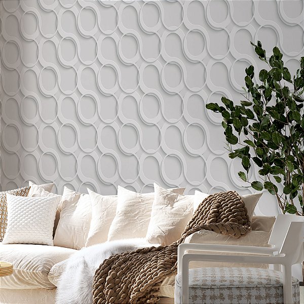 Papel de parede Autoadesivo Sala Gesso Cinza Ondas Circulos