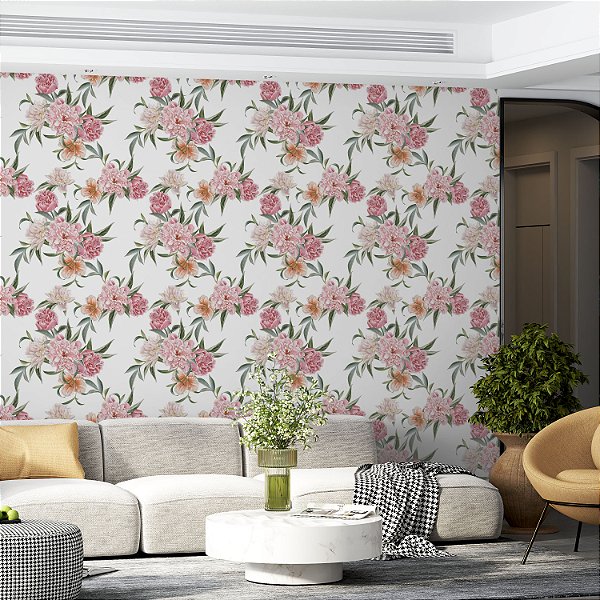 Papel de parede Autoadesivo Quarto Ramos de Rosas Fundo bege