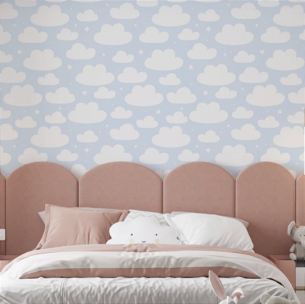 Papel de parede Autoadesivo Infantil Nuvens Brancas Fundo azul Claro
