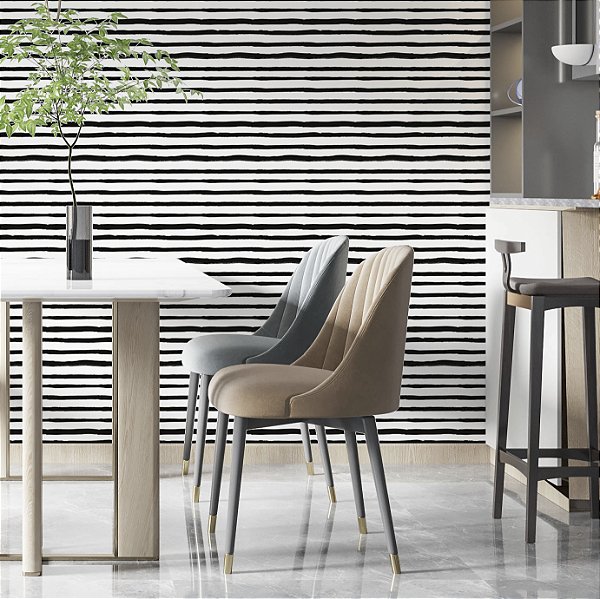 Papel de parede Autoadesivo Sala Listra Horizontal Preto e Branco