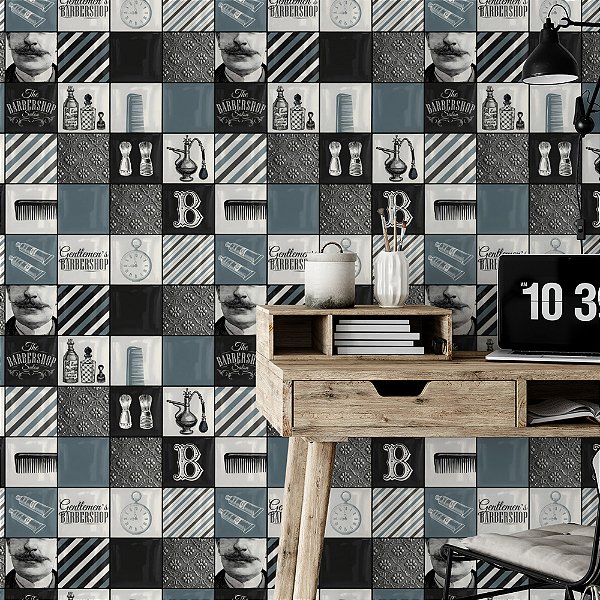 Papel de parede Autoadesivo Quarto Old Barber Azul e Cinza