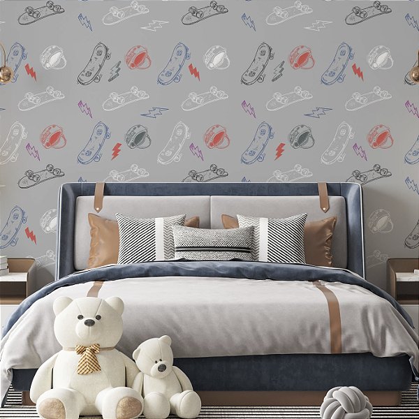 Papel de parede Autoadesivo Infantil Skate Capacete Fundo Cinza