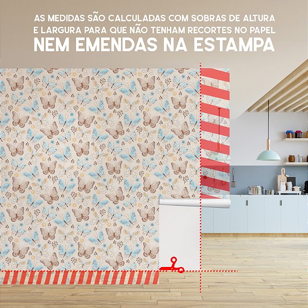 Papel de parede Autoadesivo Cozinha Borboletas Tons Bege Azul