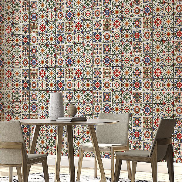Papel de Parede Vinil Autocolante Azulejo Português Colorido Cozinha Banheiro Lavabo