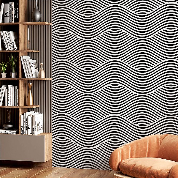 Papel de parede Autoadesivo Sala Ondas Preto e Branco