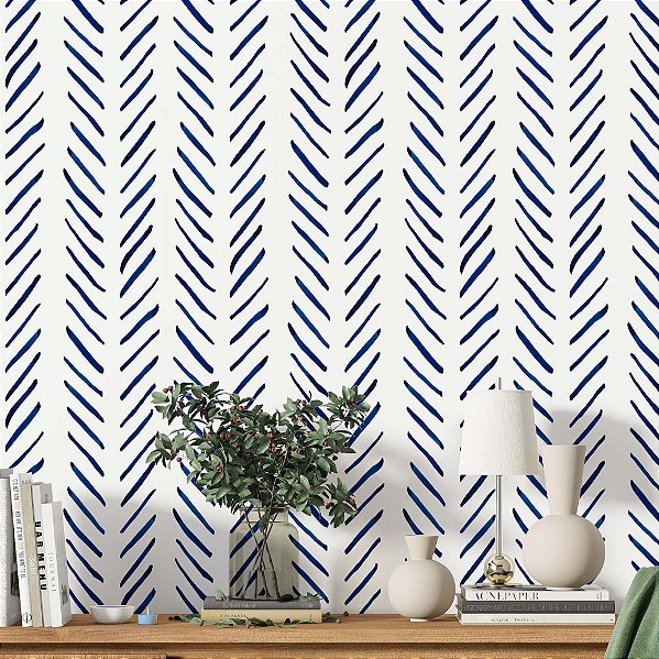 Papel de parede Autoadesivo Sala Listras Pincelada Azul