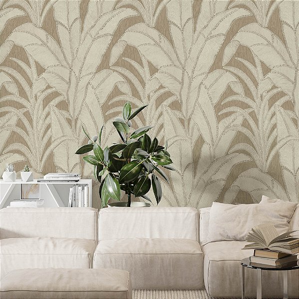 Papel de Parede Adesivo Vinílico Folhas Efeito Textura Linho Bege Marrom