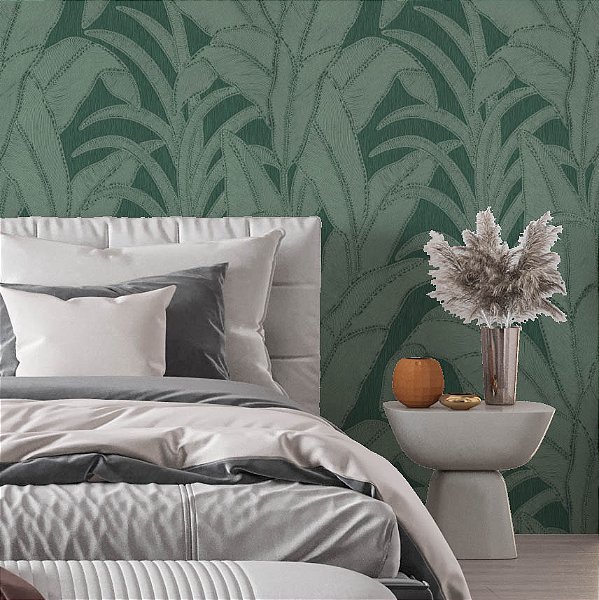 Papel de Parede Adesivo Vinílico Folhas Efeito Textura Linho Verde
