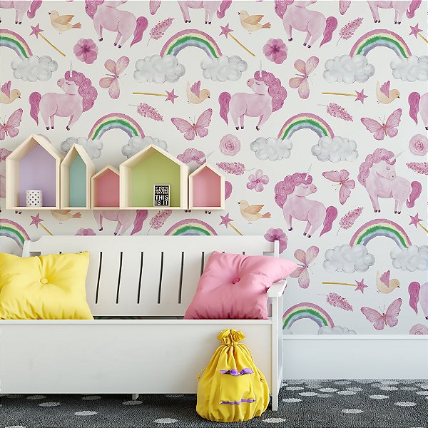 Papel de parede Autoadesivo Quarto Menina Unicórnio Rosa