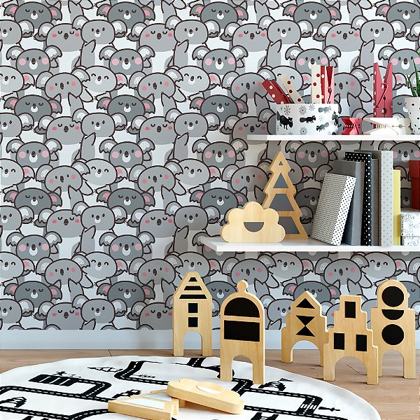 Papel de parede Autoadesivo Quarto Infantil Coala Cinza