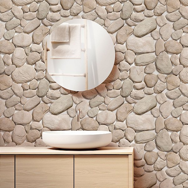 Papel de Parede Adesivo Vinil Pedras Efeito Realismo Rústico Bege Sala Quarto Cozinha Varanda Gourmet