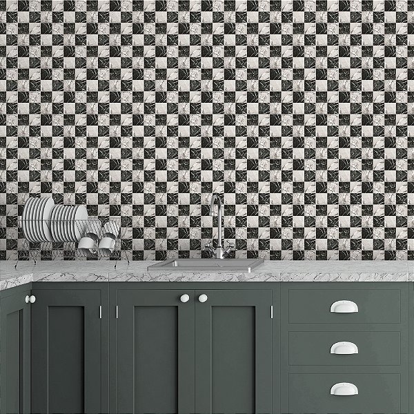 Papel de Parede Adesivo Vinil Pedras Efeito 3D Tabuleiro Preto e Branco Cozinha Varanda Gourmet