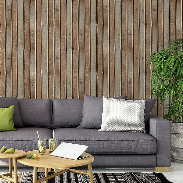 Papel de Parede Adesivo Vinil Madeira Marrom Natural Ripas Demolição Sala Quarto Cozinha