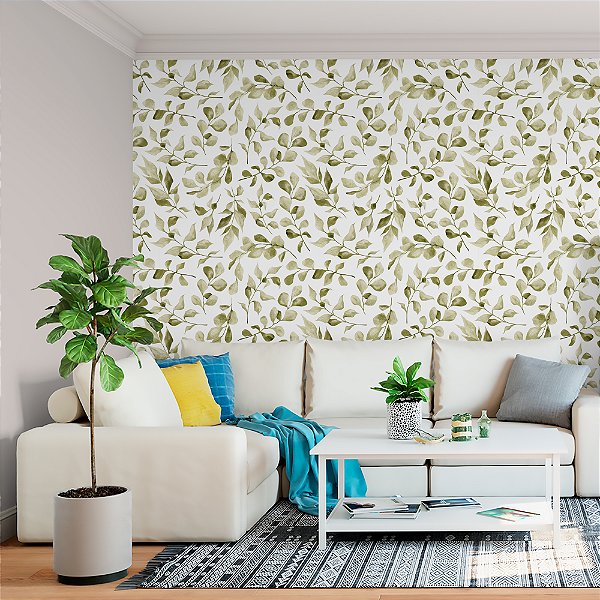 Papel de parede Autoadesivo Folhagem Aquarela Verde Sala Varanda Quarto