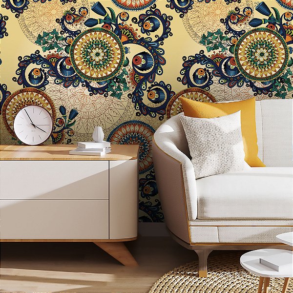 Papel de Parede Adesivo Vinil Mandala e Arabescos Laranja Colors Sala Cozinha