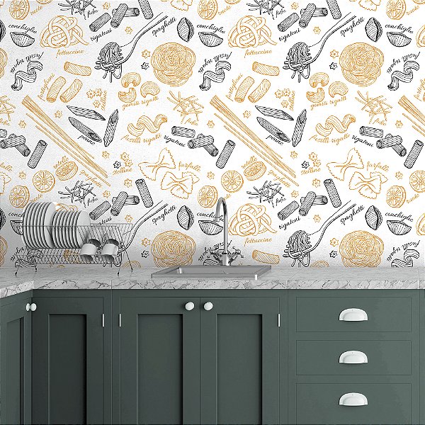 Papel de parede Autoadesivo Desenho Macarrão Laranja Cozinha e Varanda Gourmet