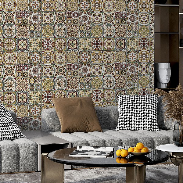 Papel de parede Autoadesivo Cozinha Azulejo Português Marrom