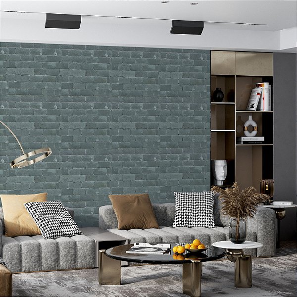 Papel de parede Autoadesivo Sala Tijolo Rustico Verde