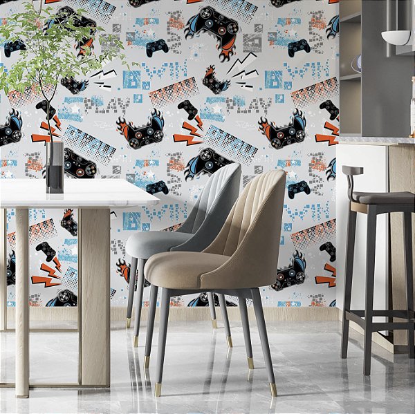 Papel de parede Autoadesivo Quarto Gamer Controle Chamas Preto Fundo Cinza Claro