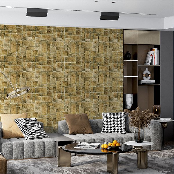 Papel de parede Autoadesivo Sala Pedra Rustica 3d Amarela Degrade Com Marrom