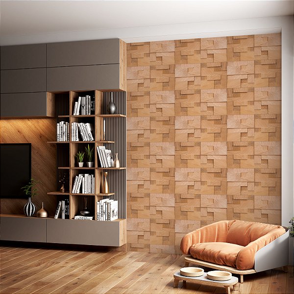 Papel de parede Autoadesivo Sala Pedra Rustica Mosaico 3d Marrom Claro
