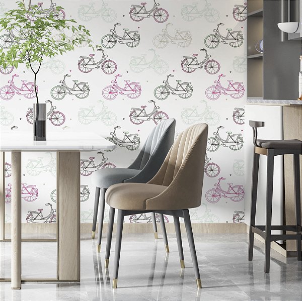 Papel de parede Autoadesivo Quarto Bicicletas Vintage Coloridas Com Fundo Branco