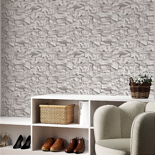 Papel de parede Autoadesivo Sala Pedra Rustica Mosaico Cinza Claro