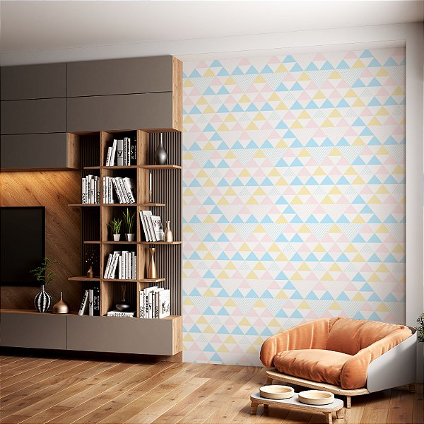 Papel de parede Autoadesivo Quarto Bebê Mosaico Triângulos Amarelo Azul Rosa