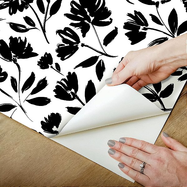 Papel de Parede Adesivo Vinil Flores preto e branca Sala Quarto Cozinha