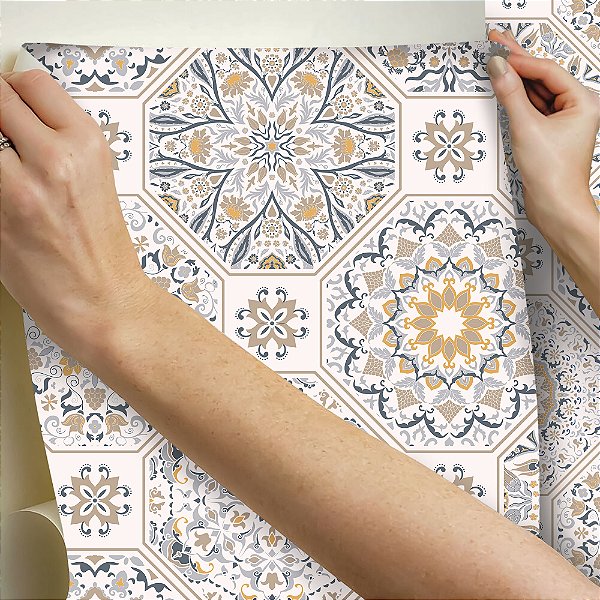 Papel de Parede Adesivo Vinil Azulejos Portugueses Azul Laranja Beje