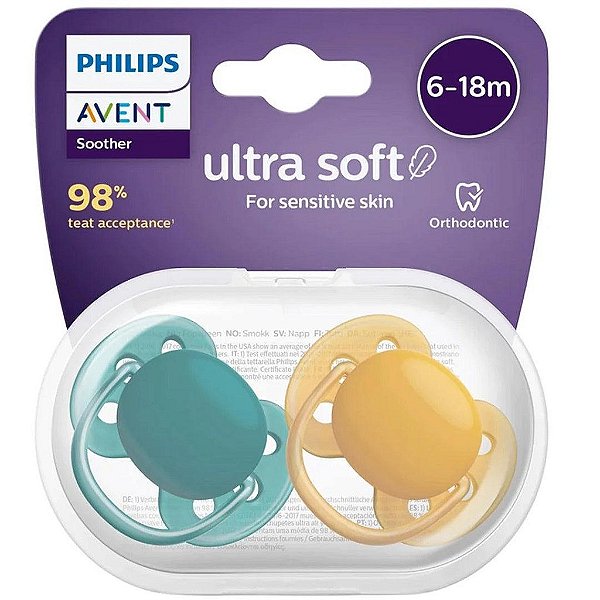 Kit Chupeta Avent Ultra Soft Dupla Verde e Amarela 6-18M