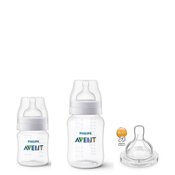 Kit de Mamadeiras Anti-Cólicas Avent 125ML & 260ML + Bico Extra Fluxo Rápido 6M+
