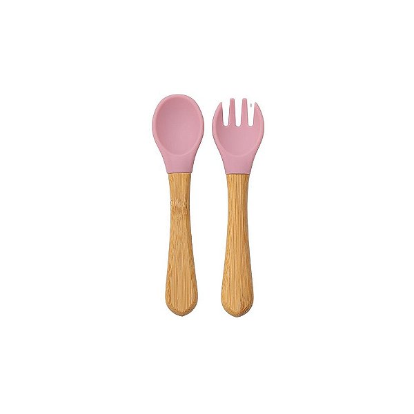 Kit de Talheres Infantil Bambu e Silicone Petit Piá Rosa