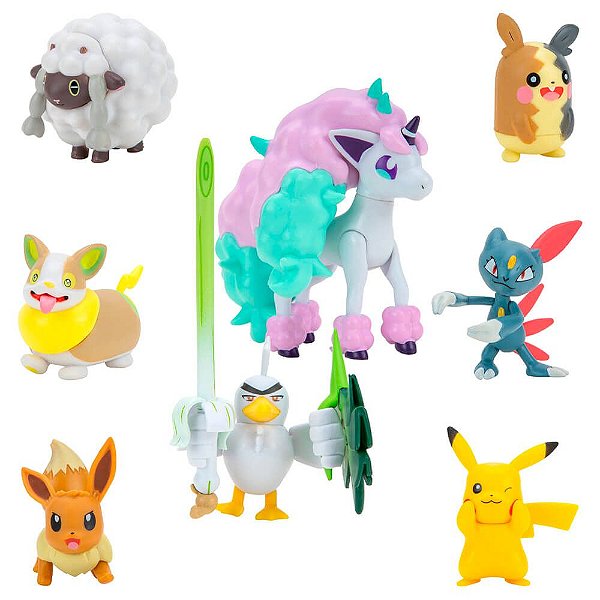 Kit 8 Bonecos Batalha Pokémon - Pikachu, Eevee, Sneasel, Wooloo, Yamper,  Sirfetch'd, Ponyta de Galar e