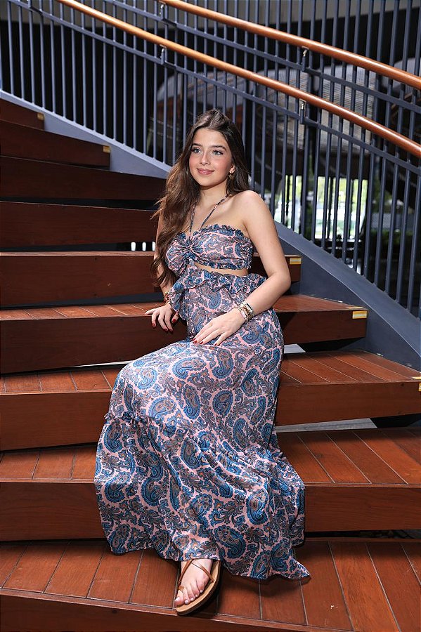 Vestido Duda Longo Paisley Rosa