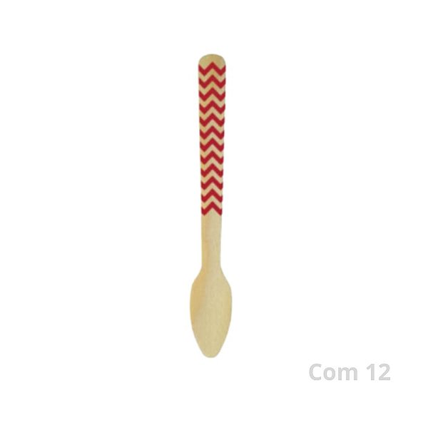 Colher Sobremesa Madeira Zig Zag Vermelho C/12
