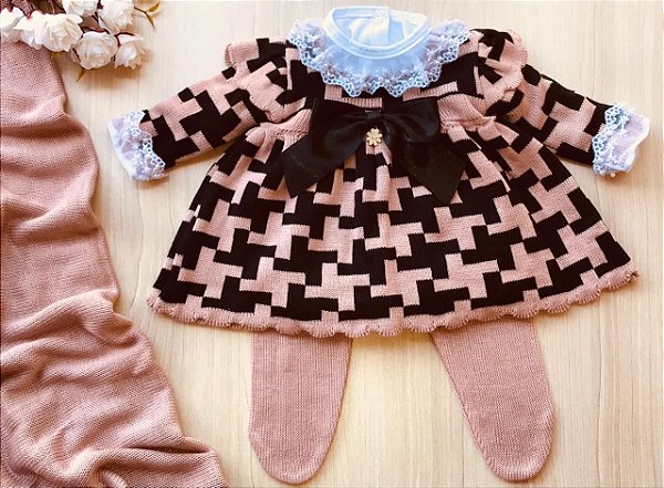 Saída de maternidade vestido xadrez tricot 4 peças