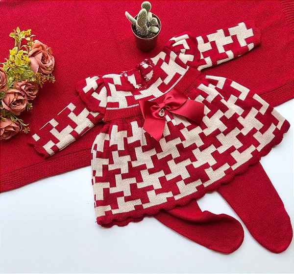 Saída de maternidade menina vestido xadrez tricot 3 peças
