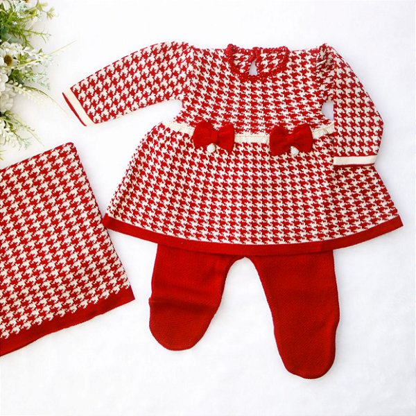 Saída de maternidade menina vestido xadrez Bruxelas 3 peças tricot