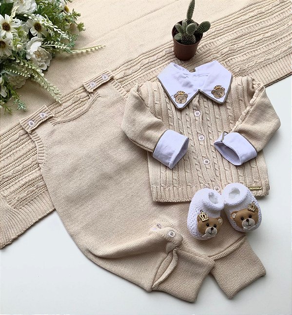 Saída de maternidade de menino em tricot 5 peças completa
