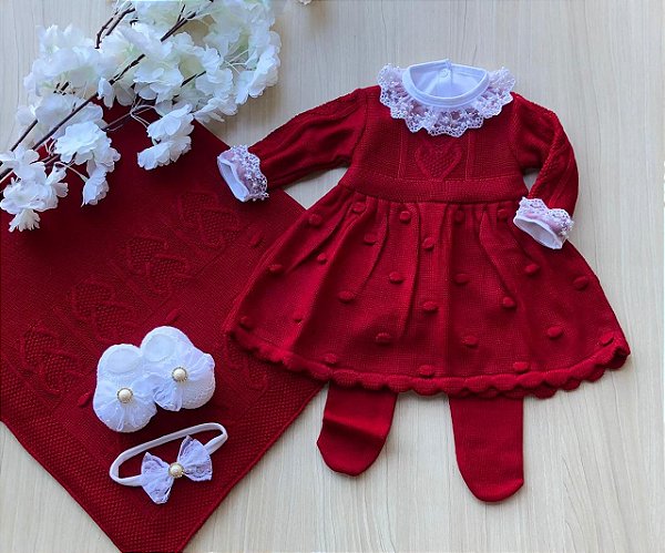 Saída de Maternidade Menina Vestido Londres Tricot 6 Peças Completa