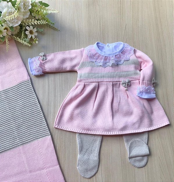 Saida de Maternidade Menina Vestido 3 Laços Roma Tricot 4 Peças